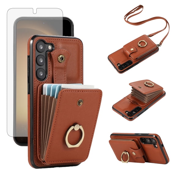 Asuwish Compatible with Samsung Galaxy S23 5G Wallet Phone Case Screen Protector Ring Crossbody Strap Stand Credit Card Holder RFID Cell Cover for S 23 23S GS23 G5 SM-S911U 6.1 inch Women Girls Brown