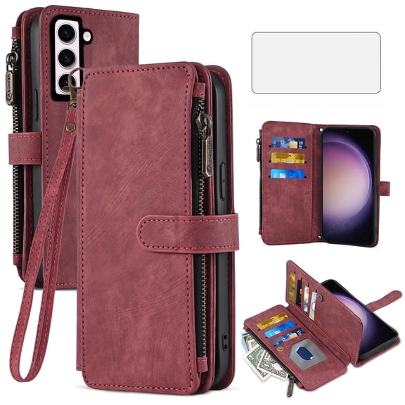 Asuwish Kickstand Hard Shell Wallet Cell Phone Case with Tempered Glass Screen Protector for Samsung Galaxy S23, Red