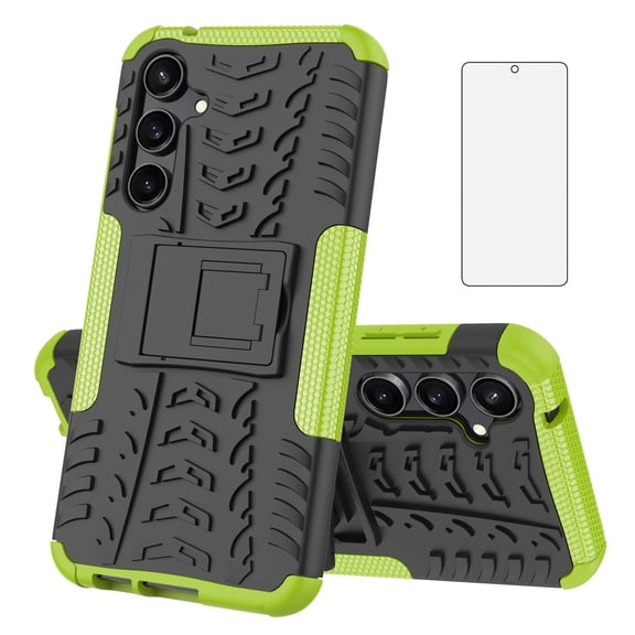 Asuwish Compatible with Samsung Galaxy S23 FE 5G Phone Case Tempered Glass Screen Protector Slim Stand Hybrid Heavy Duty Rugged Protective Cell Cover for S 23 EF S23FE 23S Women Men Green