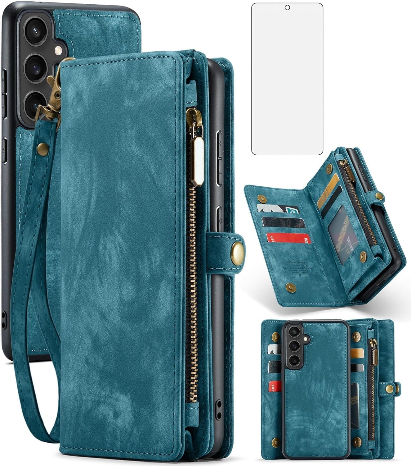 Asuwish Compatible with Samsung Galaxy S23 FE 5G Phone Case Zipper Wallet Detachable Tempered Glass Screen Protector Crossbody Strap Flip Card Holder Cell Cover for S 23 EF S23FE 23S Women Girls Blue