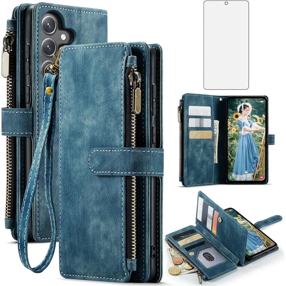 Asuwish Kickstand Hard Shell Wallet Cell Phone Case with Tempered Glass Screen Protector for Samsung Galaxy S23 FE, Blue