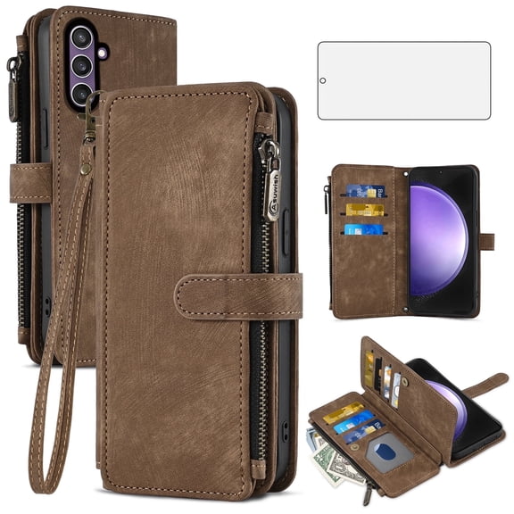 Asuwish Kickstand Hard Shell Wallet Cell Phone Case with Tempered Glass Screen Protector for Samsung Galaxy S23 FE, Brown