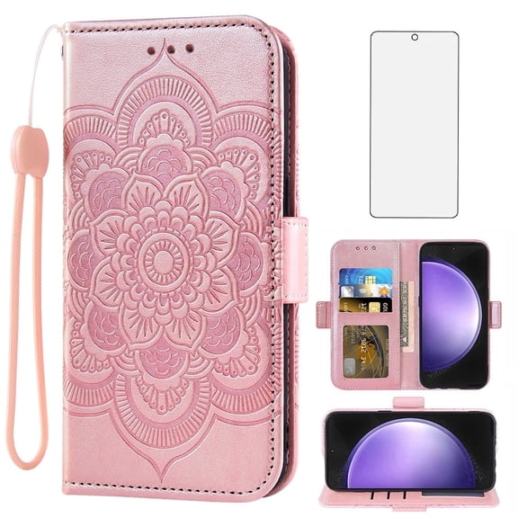 Asuwish Compatible with Samsung Galaxy S23 FE 5G Wallet Phone Case and Tempered Glass Screen Protector Flip Credit Card Holder Stand Mandala Flower Cell Cover for S 23 EF S23FE 23S Women Men Pink