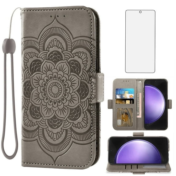 Asuwish Compatible with Samsung Galaxy S23 FE 5G Wallet Phone Case and Tempered Glass Screen Protector Flip Credit Card Holder Stand Mandala Flower Cell Cover for S 23 EF S23FE 23S Women Men Gray