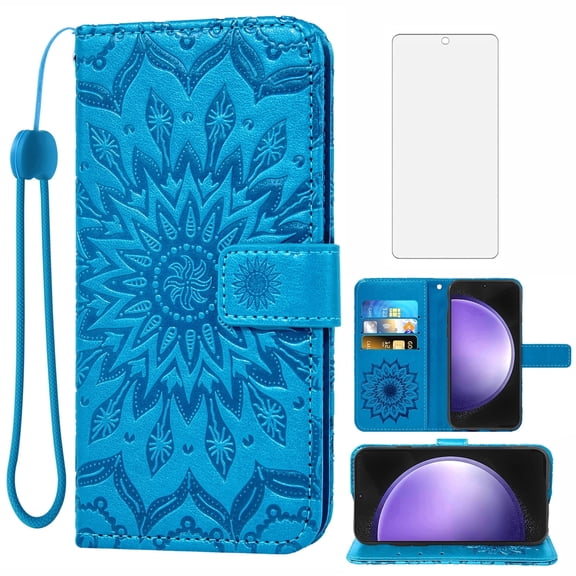 Asuwish Compatible with Samsung Galaxy S23 FE 5G Wallet Phone Case and Tempered Glass Screen Protector Flip Credit Card Holder Stand Mandala Flower Cell Cover for S 23 EF S23FE 23S Women Men Blue