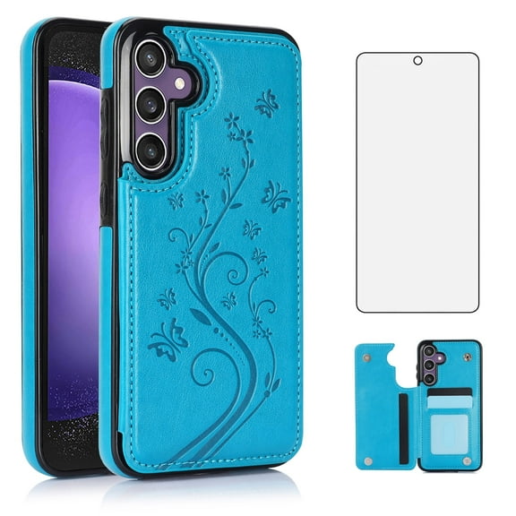 Asuwish Compatible with Samsung Galaxy S23 FE 5G Wallet Phone Case Tempered Glass Screen Protector and Flower PU Leather Credit Card Holder Stand Slot Cell Cover for S 23 EF S23FE 23S Women Men Blue