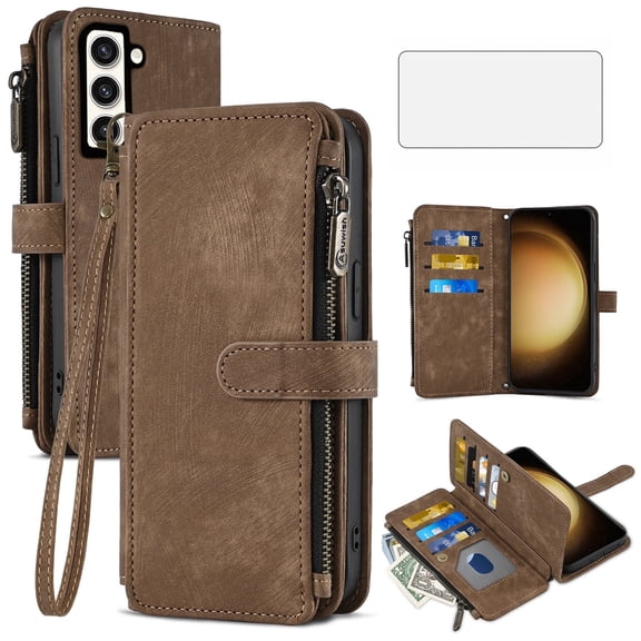 Asuwish Kickstand Hard Shell Wallet Cell Phone Case with Tempered Glass Screen Protector for Samsung Galaxy S23 Plus, Brown