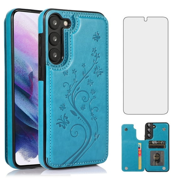 Asuwish Compatible with Samsung Galaxy S23 Plus S23+ 5G Wallet Phone Case Tempered Glass Screen Protector and Flower Card Holder Stand Cell Cover for S23plus 23S + S 23 23+ SM-S916U 6.6 inch Men Blue