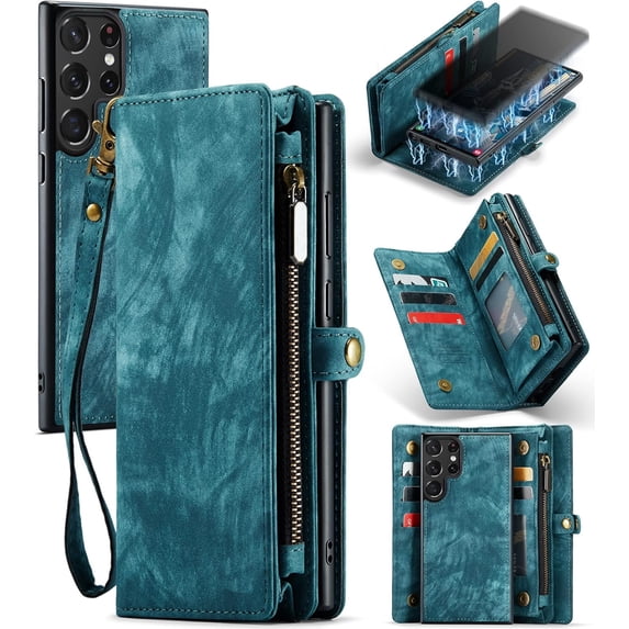 Asuwish Compatible with Samsung Galaxy S23 Ultra 5G Phone Case Zipper Wallet Tempered Glass Screen Protector Strap Flip Card Holder Cell Cover for S23Ultra 23S S 23 23Ultra 6.8 inch Women Girls Blue