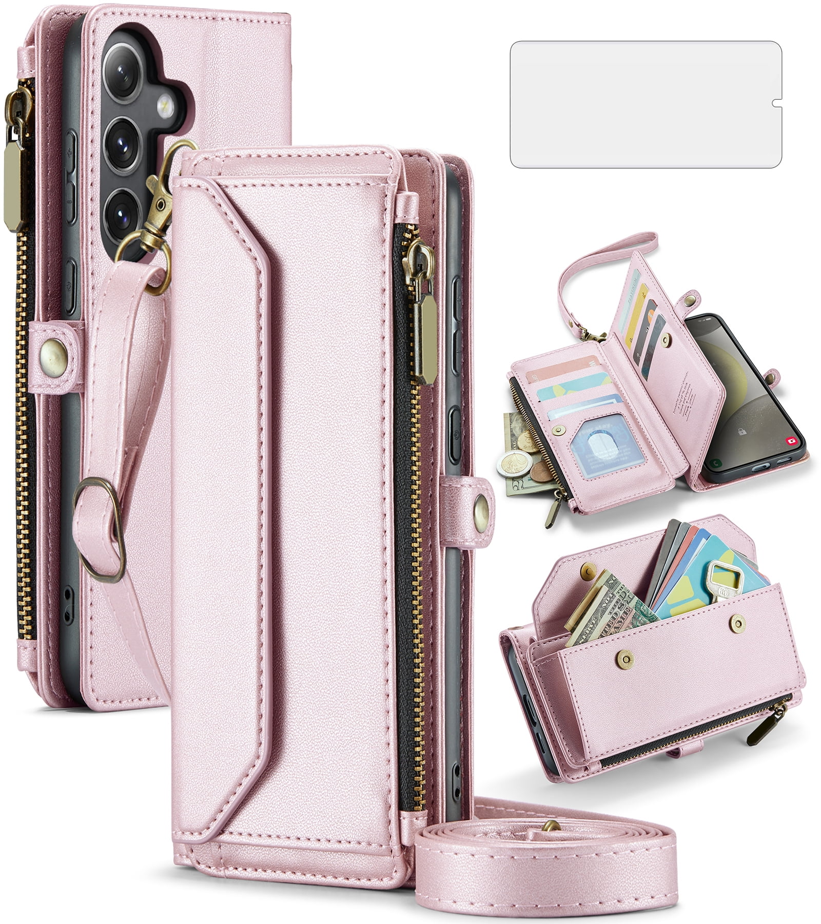 Asuwish Compatible with Samsung Galaxy S24 5G Zipper Wallet Phone Case Tempered Glass Screen Protector Crossbody Lanyard Strap Flip Card Holder Slot Cell Cover for S 24 24S G SM-S931U Women Rose Gold