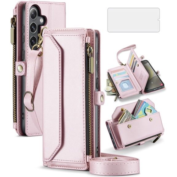 Asuwish Compatible with Samsung Galaxy S24 5G Zipper Wallet Phone Case Tempered Glass Screen Protector Crossbody Lanyard Strap Flip Card Holder Slot Cell Cover for S 24 24S G SM-S931U Women Rose Gold