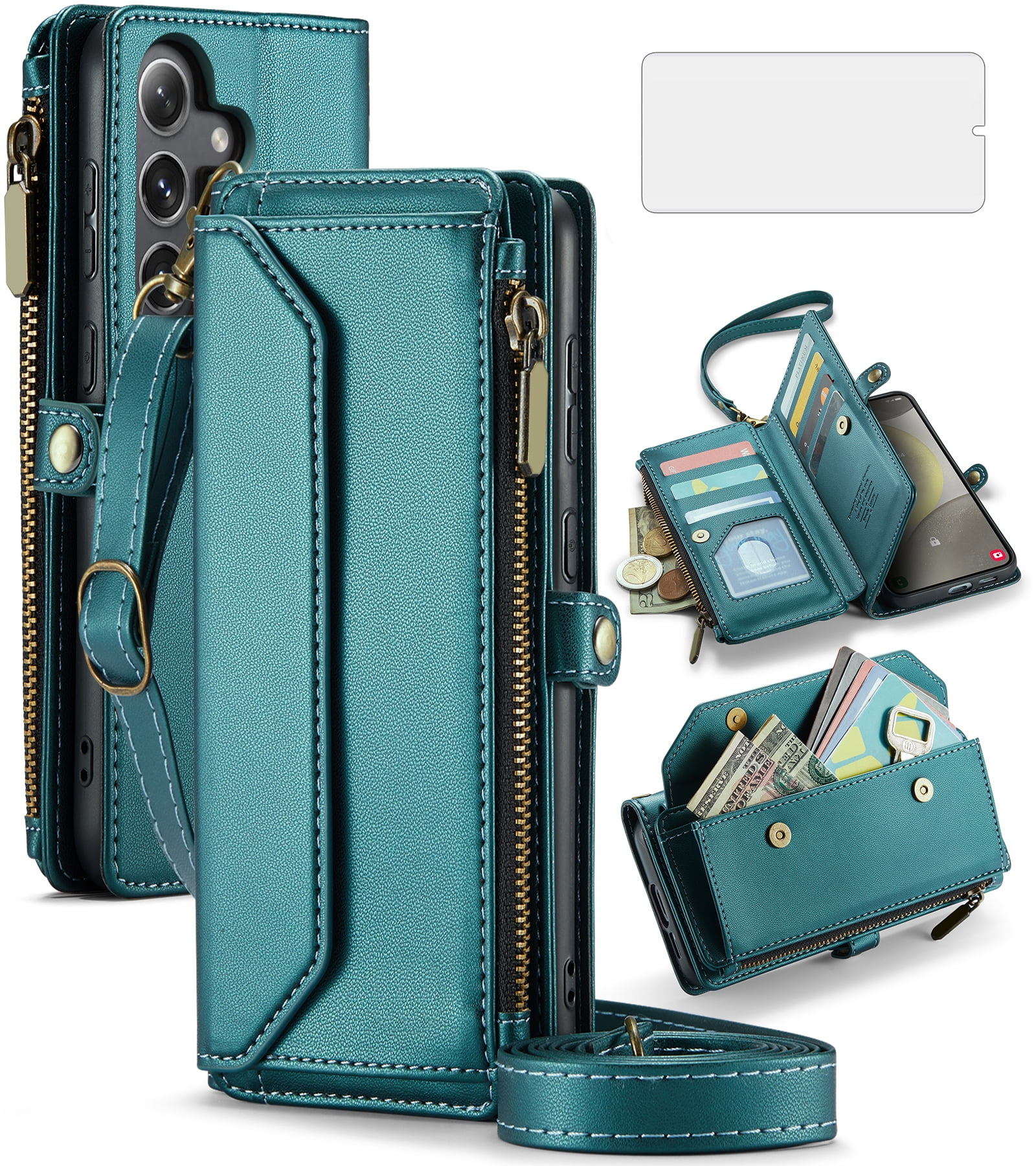 Asuwish Compatible with Samsung Galaxy S24 5G Zipper Wallet Phone Case Tempered Glass Screen Protector Crossbody Lanyard Strap Flip Card Holder Slot Cell Cover for S 24 24S G5 SM-S931U Women Green