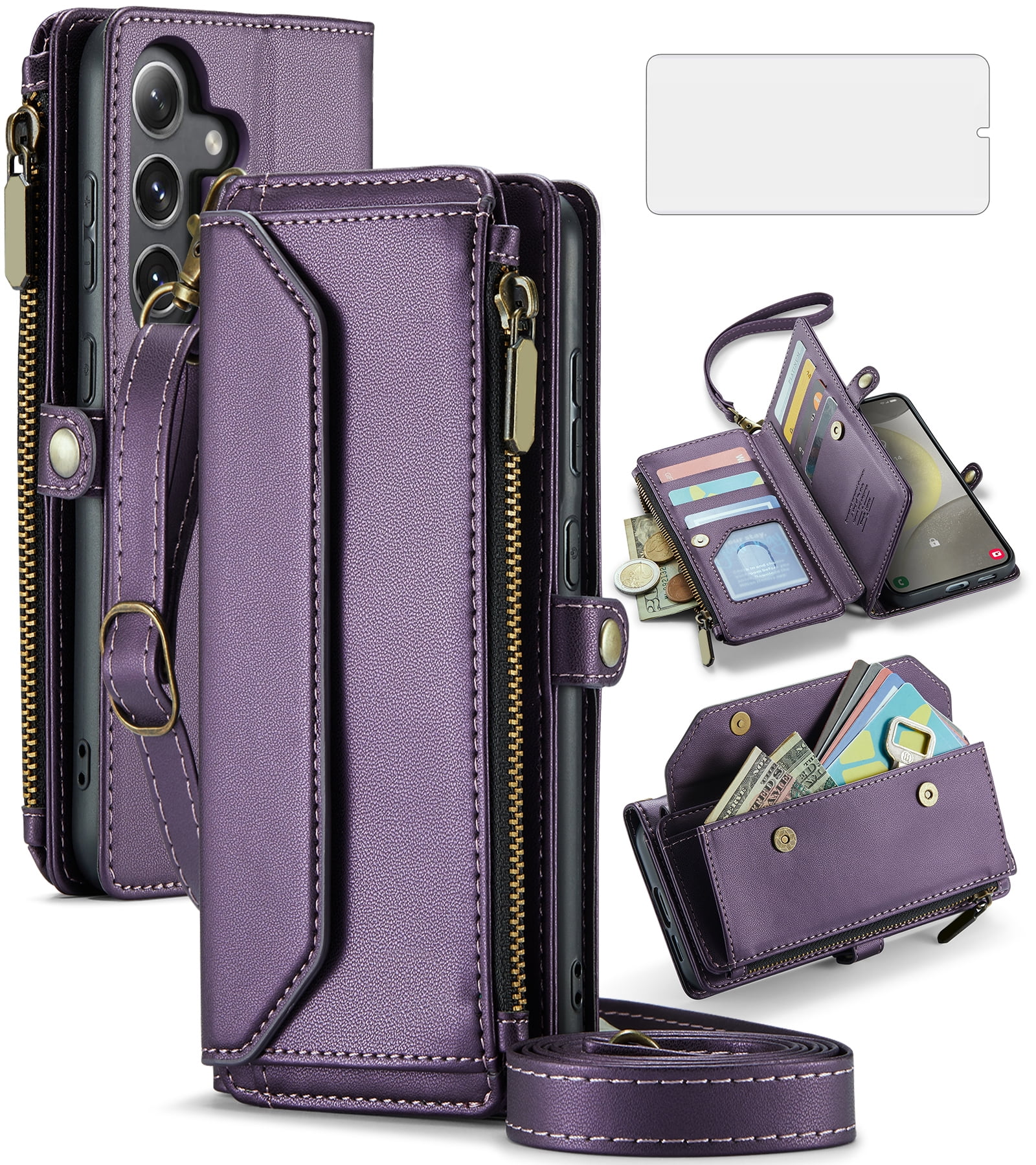 Asuwish Compatible with Samsung Galaxy S24 5G Zipper Wallet Phone Case Tempered Glass Screen Protector Crossbody Lanyard Strap Flip Card Holder Slot Cell Cover for S 24 24S G5 SM-S931U Women Purple