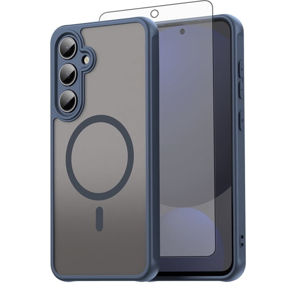 Asuwish Compatible with Samsung Galaxy S24 FE 5G Magnetic Phone Case Translucent Matte Anti-fingerprint Back Military Grade DropProof Shockproof Protective Cover for S 24 EF S24FE 24S Women Men Blue