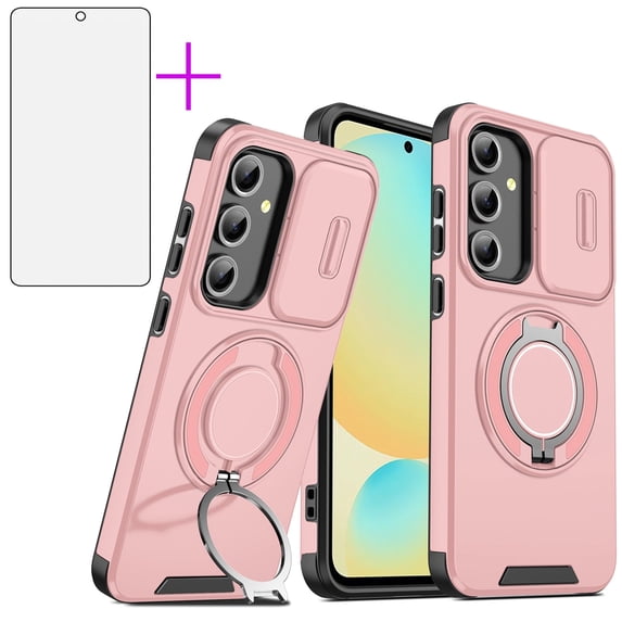 Asuwish Compatible with Samsung Galaxy S24 FE 5G Phone Case Slide Camera Cover Tempered Glass Screen Protector Stand Ring Holder Rugged Slim Cell for S 24 EF AI S24FE 24S Women Men Pink