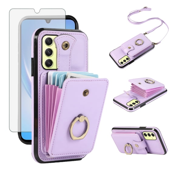 Asuwish Compatible with Samsung Galaxy S24 FE 5G Wallet Phone Case Screen Protector Ring Crossbody Strap Stand Credit Card Holder RFID Cell Cover for S 24 EF AI S24FE 24S Women Girls Purple