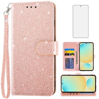 Asuwish Compatible with Samsung Galaxy S24 FE 5G Wallet Phone Case and Tempered Glass Screen Protector Flip Credit Card Holder Stand Bling Glitter Cell Cover for S 24 EF S24FE 24S Women Pink