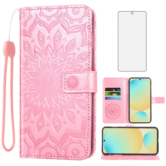Asuwish Compatible with Samsung Galaxy S24 FE 5G Wallet Phone Case and Tempered Glass Screen Protector Flip Credit Card Holder Stand Mandala Flower Cell Cover for S 24 EF S24FE 24S Women Men Pink