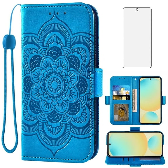 Asuwish Compatible with Samsung Galaxy S24 FE 5G Wallet Phone Case and Tempered Glass Screen Protector Flip Credit Card Holder Stand Mandala Flower Cell Cover for S 24 EF S24FE 24S Women Men Blue
