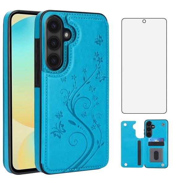 Asuwish Compatible with Samsung Galaxy S24 FE 5G Wallet Phone Case Tempered Glass Screen Protector and Flower PU Leather Credit Card Holder Stand Cell Cover for S 24 EF AI S24FE 24S Women Men Blue