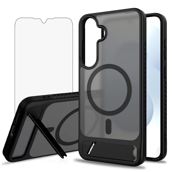 Asuwish Compatible with Samsung Galaxy S24 Plus/S25 Plus Phone Case Tempered Glass Screen Protector Magnetic Translucent Back Folding Stand Shockproof Protective Cover for S24+ S25+ Women Men Black
