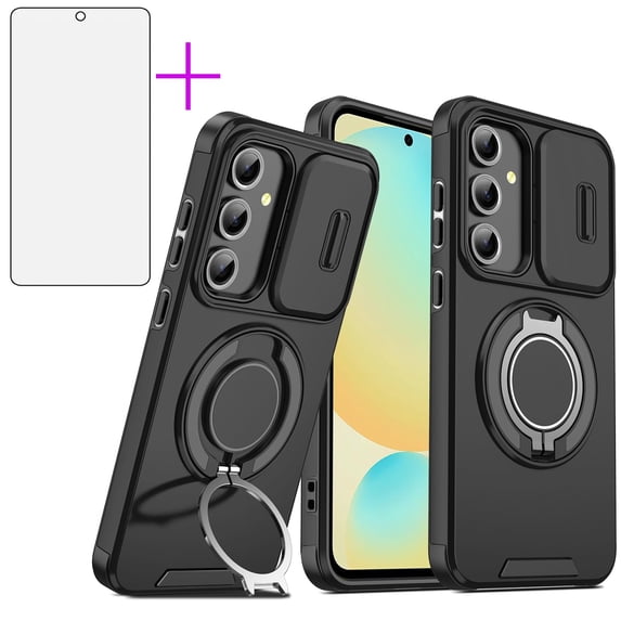 Asuwish Compatible with Samsung Galaxy S24/S25 5G Phone Case Slide Camera Cover Tempered Glass Screen Protector Stand Ring Holder Rugged Slim Cell for S 24 24S 25 25S G5 SM-S931U Women Men Black
