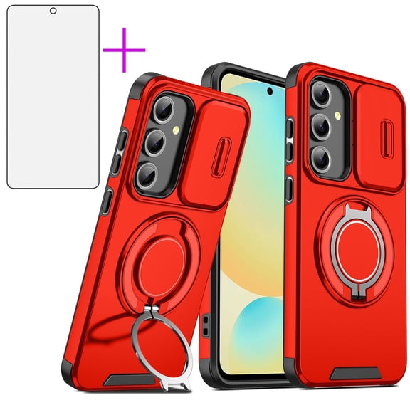 Asuwish Compatible with Samsung Galaxy S24/S25 5G Phone Case Slide Camera Cover Tempered Glass Screen Protector Stand Ring Holder Rugged Slim Cell for S 24 24S 25 25S G5 SM-S931U Women Men Red