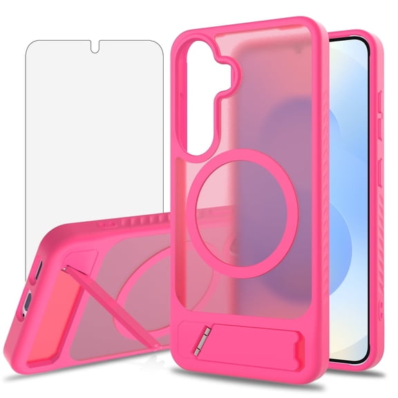 Asuwish Compatible with Samsung Galaxy S24/S25 5G Phone Case Tempered Glass Screen Protector Magnetic Translucent Back Folding Stand Shockproof Protective Cover for S 24 24S 25 25S Women Men Rose Red