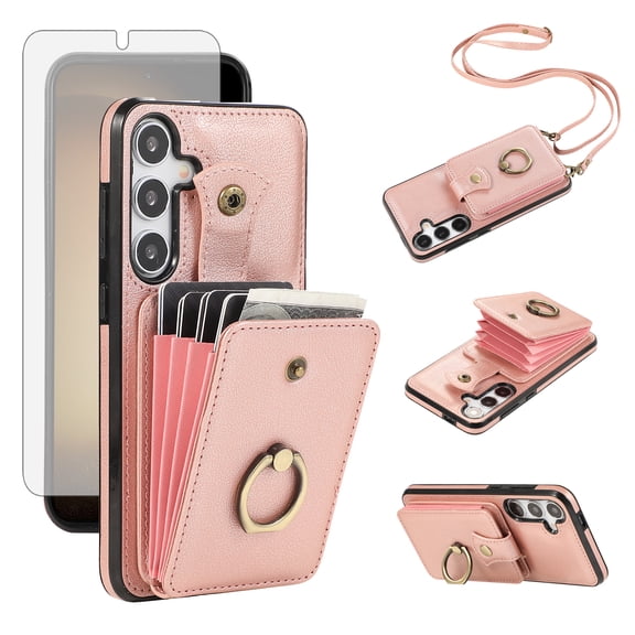 Asuwish Compatible with Samsung Galaxy S24/S25 5G Wallet Phone Case Screen Protector Ring Crossbody Strap Stand Credit Card Holder RFID Cell Cover for S 24 24S 25 25S SM-S931U Women Girls Rose Gold