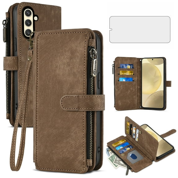 Asuwish Compatible with Samsung Galaxy S24/S25 5G Wallet Phone Case and Tempered Glass Screen Protector Faux Leather Flip Credit Card Holder Zipper Cell Cover for S 24 24S 25 25S G5 SM-S931U Brown