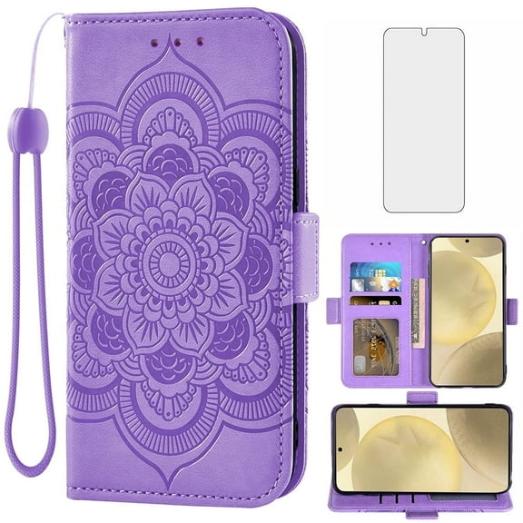 Asuwish Compatible with Samsung Galaxy S24/S25 5G Wallet Phone Case and Tempered Glass Screen Protector Flip Credit Card Holder Stand Mandala Flower Cell Cover for S 24 24S 25 25S G5 Women Men purple