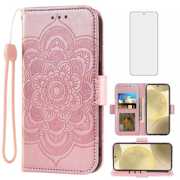Asuwish Compatible with Samsung Galaxy S24/S25 5G Wallet Phone Case and Tempered Glass Screen Protector Flip Credit Card Holder Stand Mandala Flower Cell Cover for S 24 24S 25 25S G5 Women Men Pink