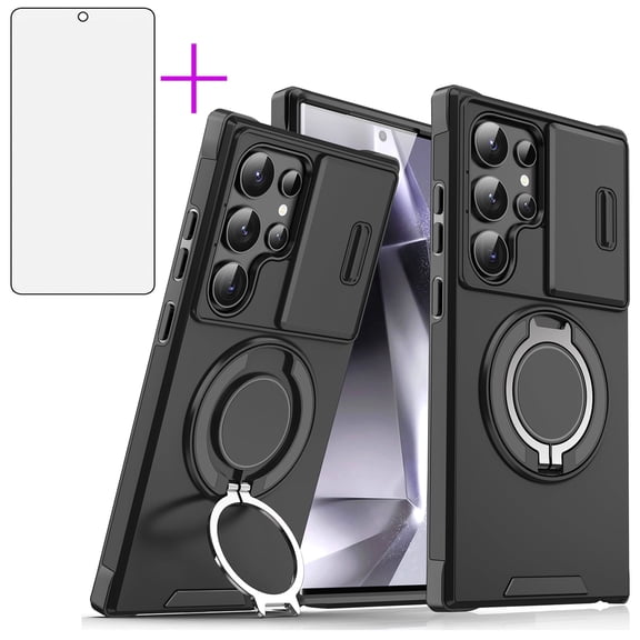 Asuwish Compatible with Samsung Galaxy S24 Ultra 5G Phone Case Slide Camera Cover Tempered Glass Screen Protector Stand Ring Holder Rugged Slim Cell for S24Ultra 24S S 24 24Ultra Women Men Black