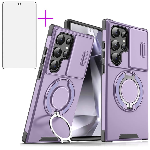 Asuwish Compatible with Samsung Galaxy S24 Ultra 5G Phone Case Slide Camera Cover Tempered Glass Screen Protector Stand Ring Holder Rugged Slim Cell for S24Ultra 24S S 24 24Ultra Women Men Purple