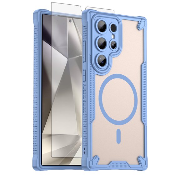 Asuwish Compatible with Samsung Galaxy S24 Ultra 5G Phone Case Tempered Glass Screen Protector Slim Magnetic Translucent Matte Back Shockproof Hybrid Protective Cover for S24Ultra Women Men Blue