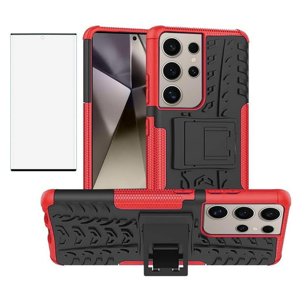 Asuwish Compatible with Samsung Galaxy S24 Ultra 5G Phone Case Tempered Glass Screen Protector Slim Stand Hybrid Heavy Duty Rugged Protective Cell Cover for S24Ultra 24S S 24 24Ultra Women Men Red