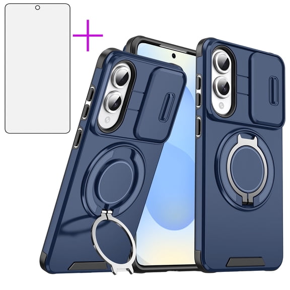 Asuwish Compatible with Samsung Galaxy S25 Edge 5G Phone Case Slide Camera Cover Tempered Glass Screen Protector Stand Ring Holder Rugged Slim Cell for S25Edge 25S S25 25Edge 6.66 2025 Women Men Blue