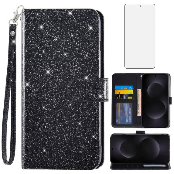 Asuwish Compatible with Samsung Galaxy S25 Edge 5G Wallet Phone Case and Tempered Glass Screen Protector Flip Credit Card Holder Stand Bling Glitter Cell Cover for S25Edge 25S 2025 Women Men Black