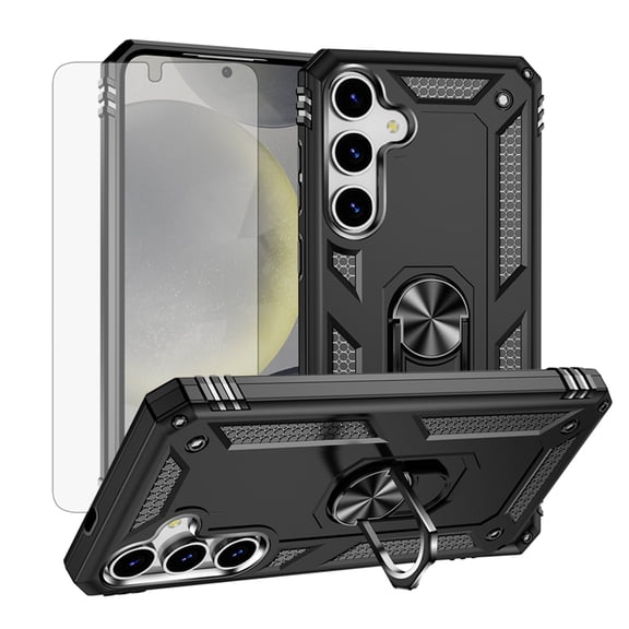 Asuwish Compatible with Samsung Galaxy S25 FE 5G Phone Case Tempered Glass Screen Protector Slim Magnetic Ring Holder Stand Hybrid Protective Cell Cover for S 25 EF AI S25FE 25S Women Men Black