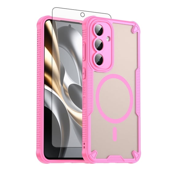 Asuwish Compatible with Samsung Galaxy S25 FE 5G Phone Case Tempered Glass Screen Protector Slim Magnetic Translucent Matte Back Shockproof Hybrid Protective Cover for S 25 EF S25FE Women Men Pink