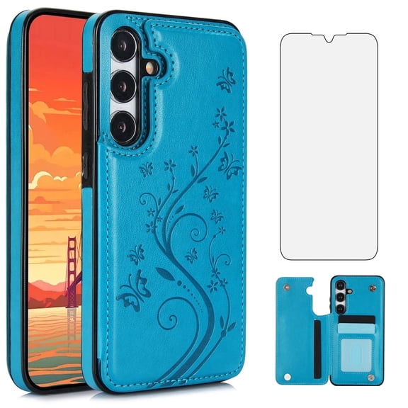 Asuwish Compatible with Samsung Galaxy S25 Plus S25+ 5G Wallet Phone Case Tempered Glass Screen Protector and Flower PU Leather Card Holder Stand Cell Cover for S25Plus 25S + S 25 25+ SM-S936U Blue