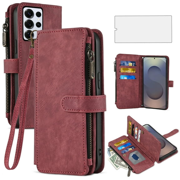 Asuwish Compatible with Samsung Galaxy S25 Ultra 5G Wallet Phone Case and Tempered Glass Screen Protector Faux Leather Flip Card Holder Zipper Cell Cover for S25Ultra 25S S 25 25Ultra 6.9 2025 Red