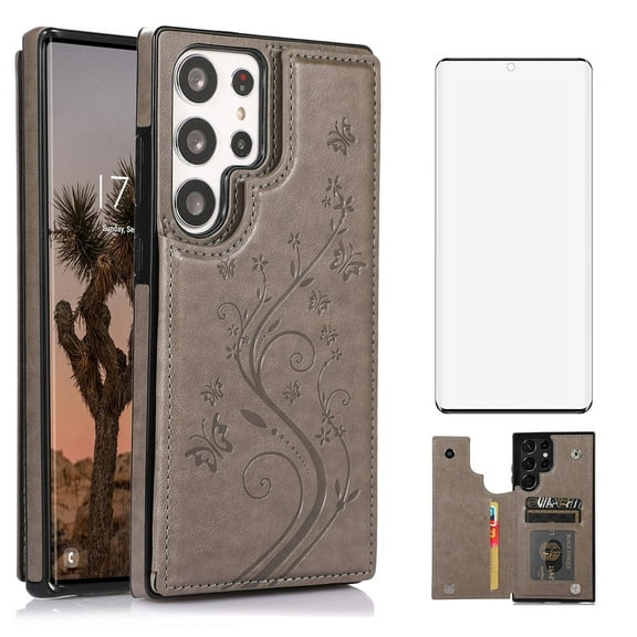 Asuwish Compatible with Samsung Galaxy S25 Ultra 5G Wallet Phone Case Tempered Glass Screen Protector and Flower PU Leather Card Holder Stand Cell Cover for S25Ultra 25S S 25 25Ultra 6.9 2025 Grey