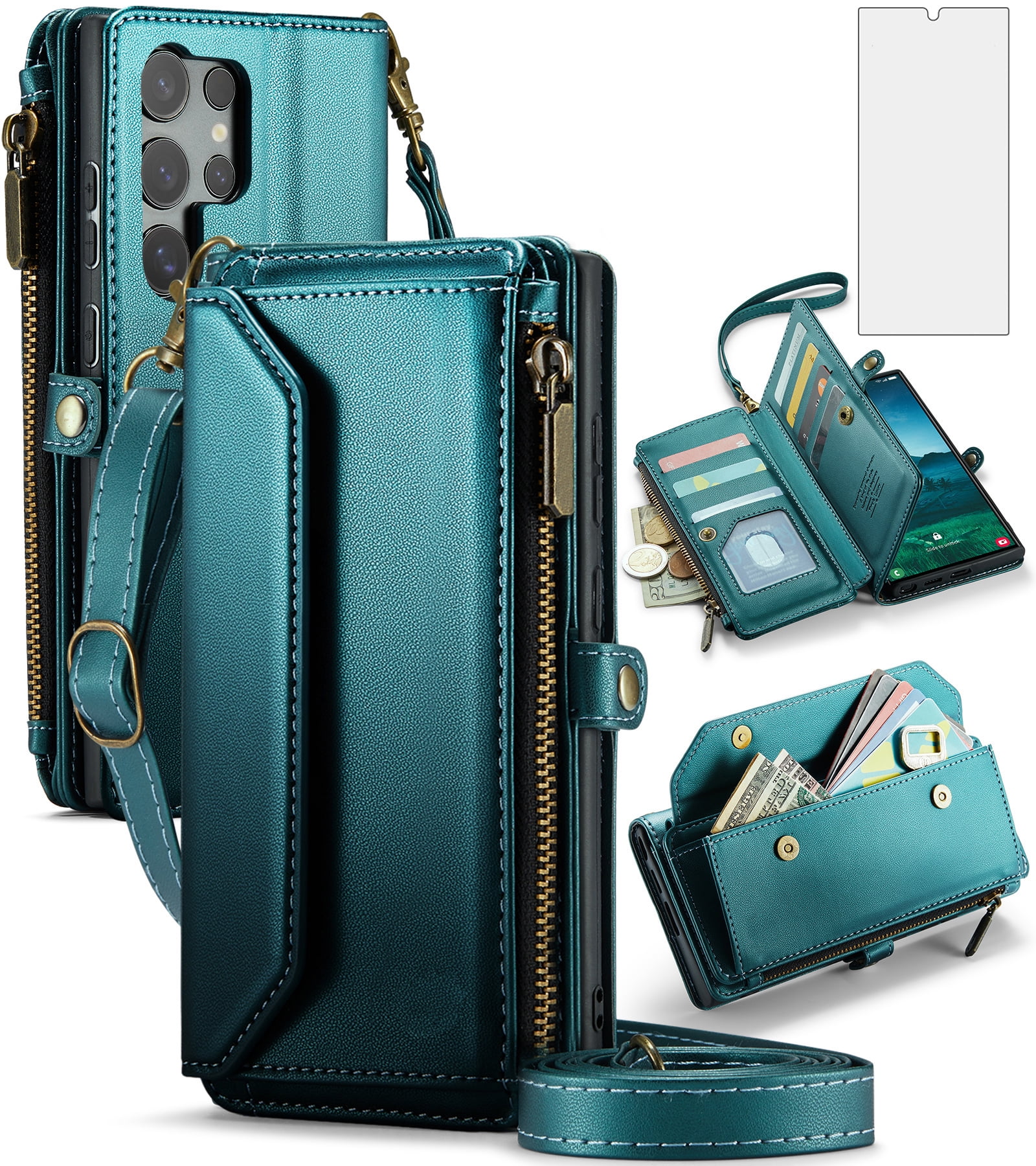 Asuwish Compatible with Samsung Galaxy S25 Ultra 5G Zipper Wallet Phone Case Tempered Glass Screen Protector Crossbody Lanyard Strap Flip Card Holder Slot Cell Cover for S25Ultra 25S S 25 Women Green