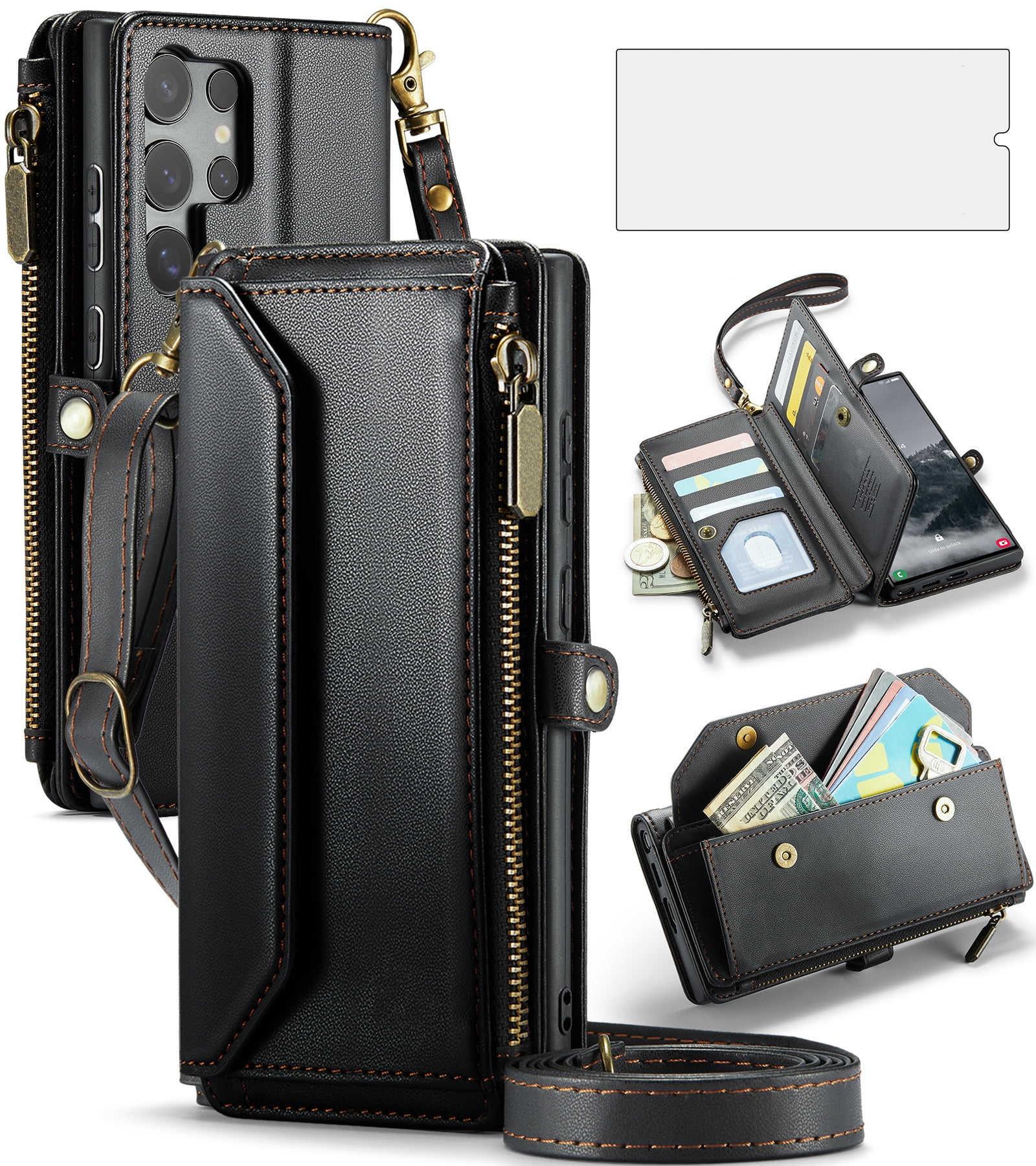 Asuwish Compatible with Samsung Galaxy S25 Ultra 5G Zipper Wallet Phone Case Tempered Glass Screen Protector Crossbody Lanyard Strap Flip Card Holder Slot Cell Cover for S25Ultra 25S S 25 Women Black
