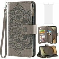 Asuwish Compatible with Samsung Galaxy S25 Ultra Wallet Phone Case and Tempered Glass Screen Protector Flower Faux Leather Flip Credit Card Holder Stand Zipper Cell Cover for S25ultra Women Grey
