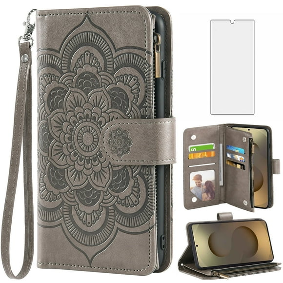 Asuwish Compatible with Samsung Galaxy S25 Ultra Wallet Phone Case and Tempered Glass Screen Protector Flower Faux Leather Flip Credit Card Holder Stand Zipper Cell Cover for S25ultra Women Grey