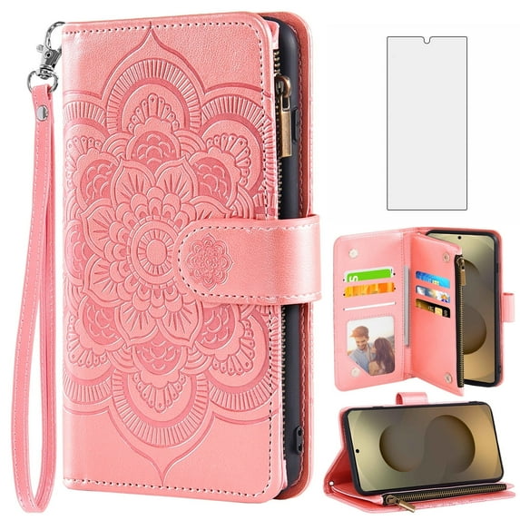 Asuwish Compatible with Samsung Galaxy S25 Ultra Wallet Phone Case and Tempered Glass Screen Protector Flower Faux Leather Flip Credit Card Holder Stand Zipper Cell Cover for S25ultra Women Pink