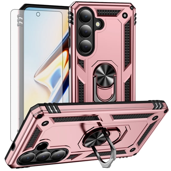 Asuwish Compatible with Samsung Galaxy S26 Plus 5G Phone Case Tempered Glass Screen Protector Slim Magnetic Ring Holder Stand Hybrid Protective Cell Cover for S26Plus 26S S 26 26Plus Women Men Pink