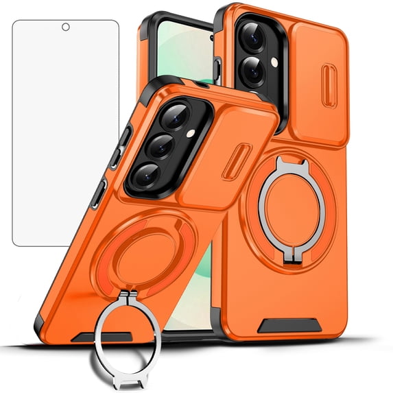 Asuwish Compatible with Samsung Galaxy S26 Plus S26+ 5G Phone Case Slide Camera Cover Tempered Glass Screen Protector Stand Ring Holder Rugged Slim Cell for S26plus 26S + S 26 26+ Women Men Orange